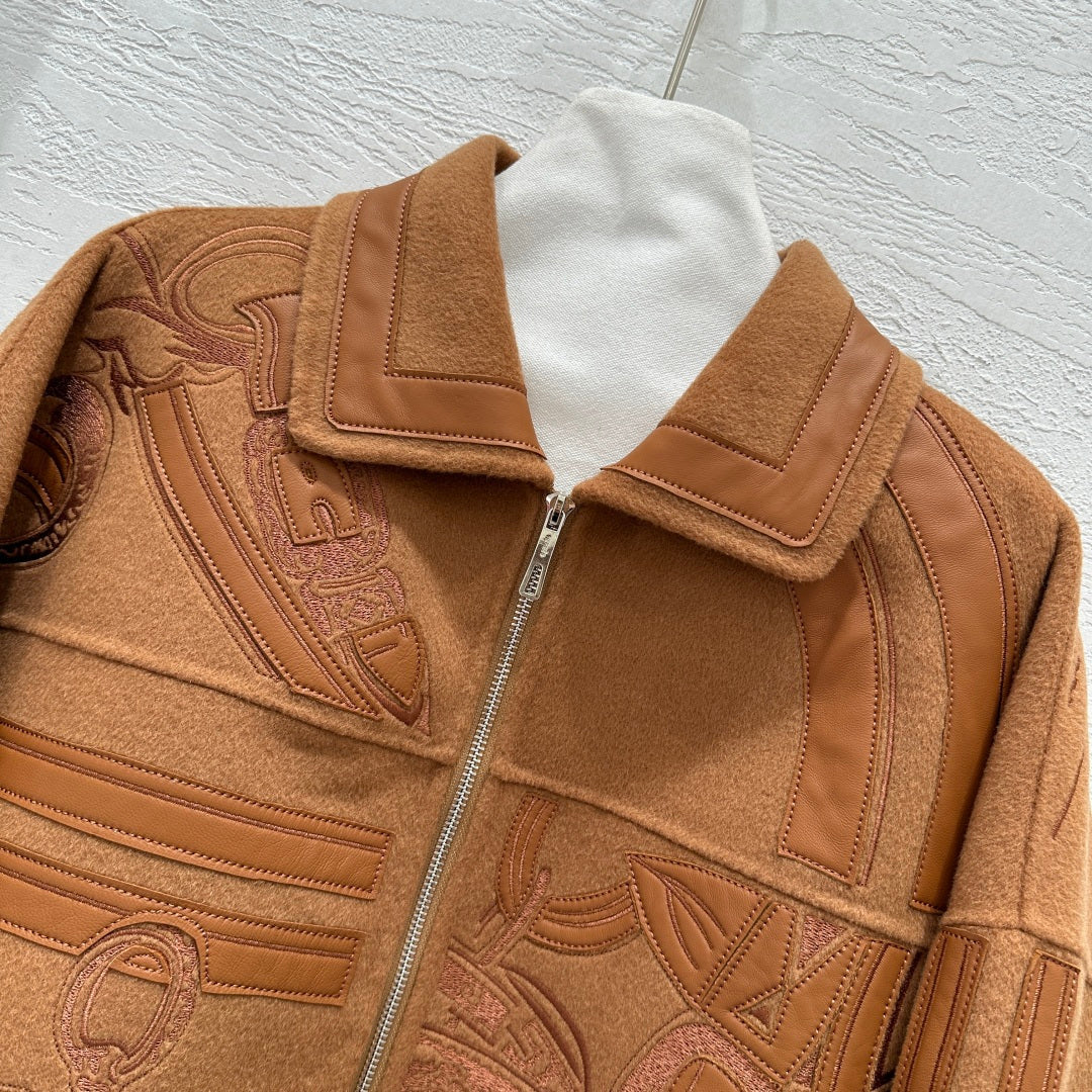 HM Embroidered Short Golden Camel Coat Wool Cashmere Calfskin 349658