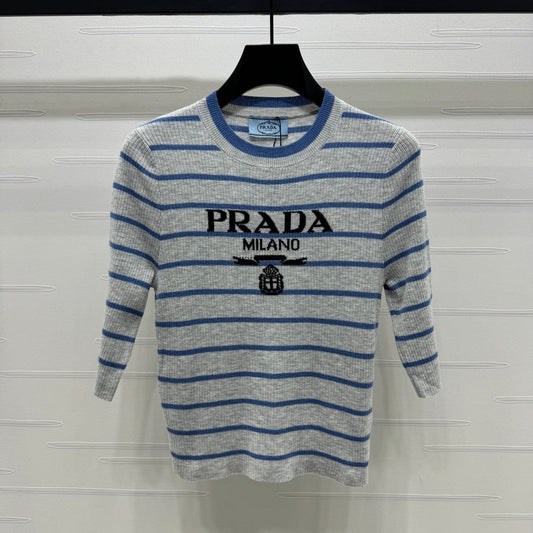 Prada Logo-Intarsia Striped Top Marble Grey Wool 351053