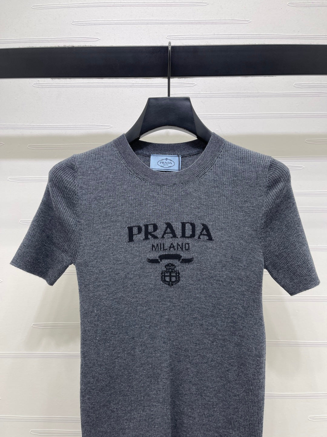 Prada Round Neck Knit Short-Sleeve Top Slate Gray Wool 351042