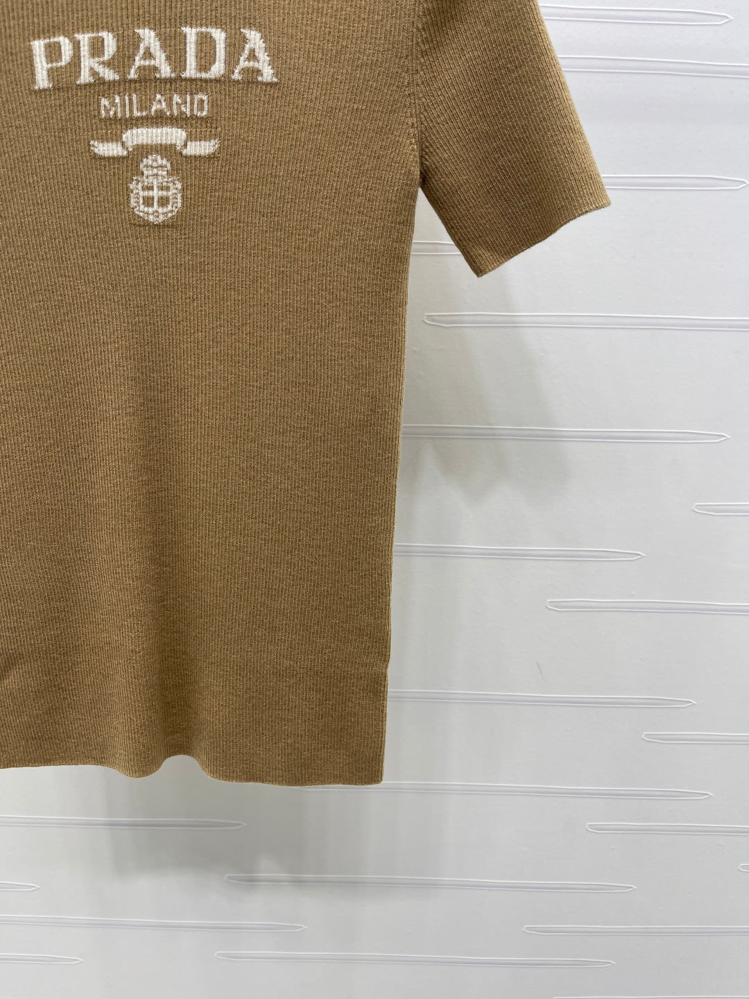 Prada Round Neck Knit Short-Sleeve Top Camel Wool 351040