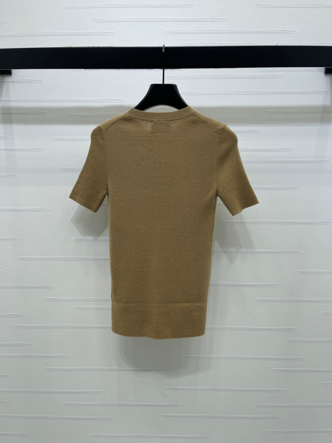 Prada Round Neck Knit Short-Sleeve Top Camel Wool 351040