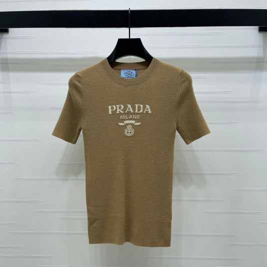 Prada Round Neck Knit Short-Sleeve Top Camel Wool 351040