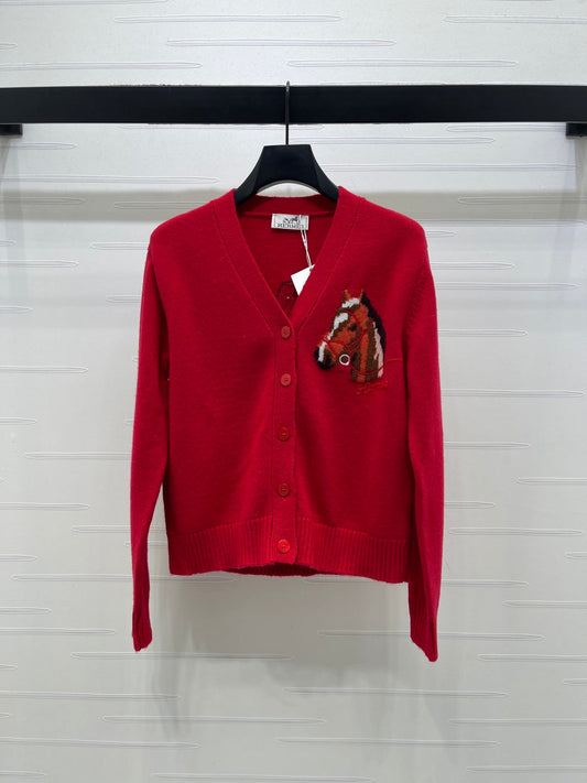 HM 26s Jacquard Horsehead V-Neck Knit Cardigan Red Wool 344105