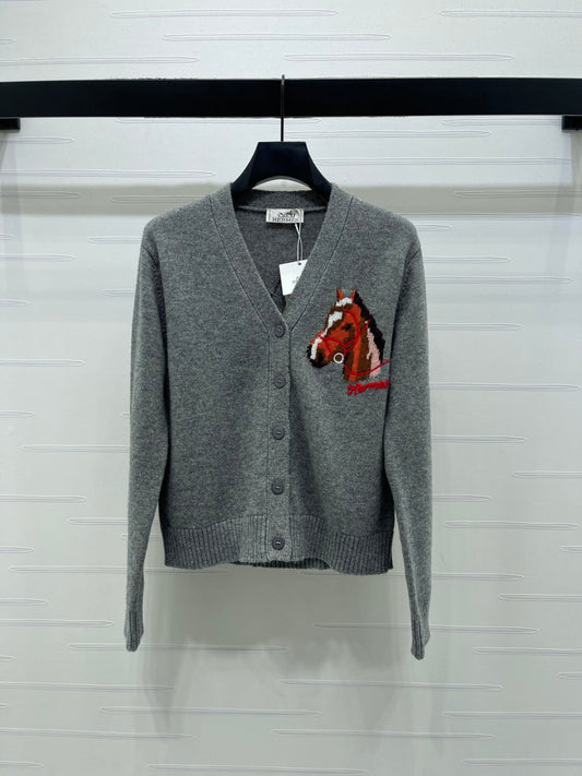 HM 26s Jacquard Horsehead V-Neck Knit Cardigan Grey Wool 344106