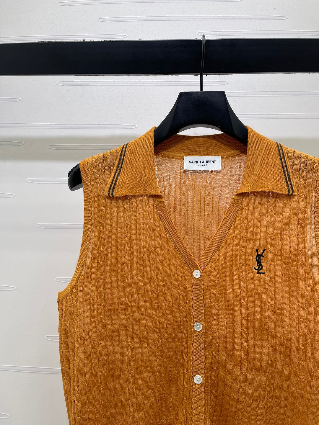 YSL Collared Knit Vest Brown Spun Silk Linen 397455