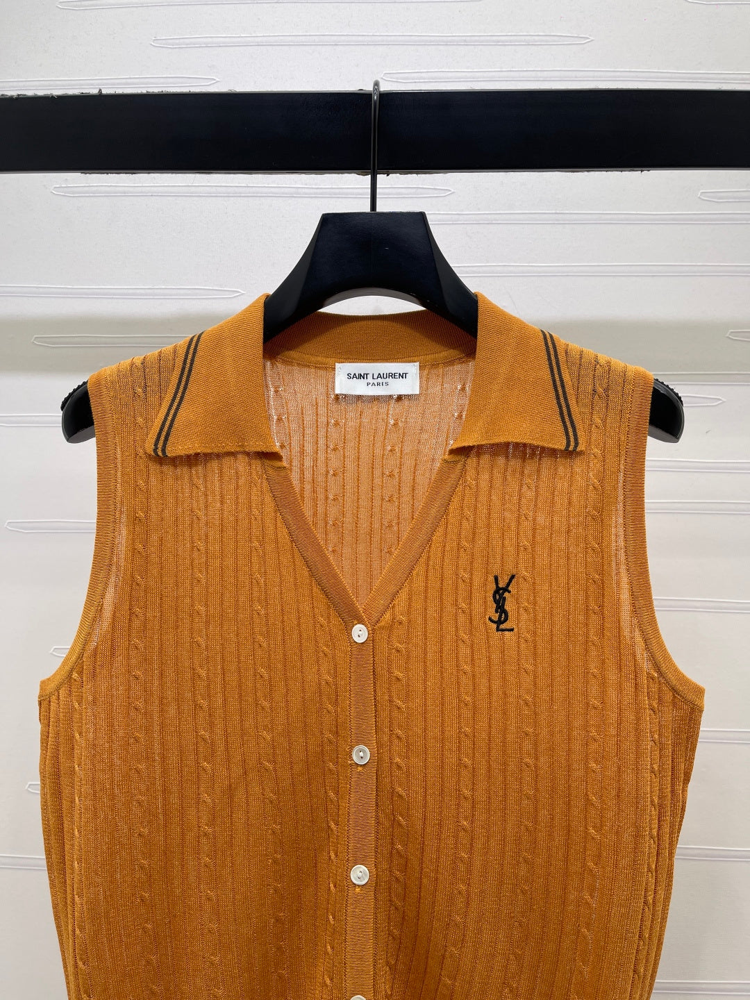 YSL Collared Knit Vest Brown Spun Silk Linen 397455