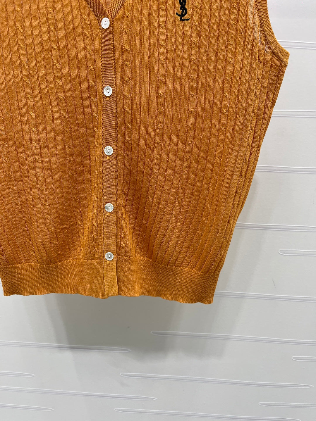YSL Collared Knit Vest Brown Spun Silk Linen 397455