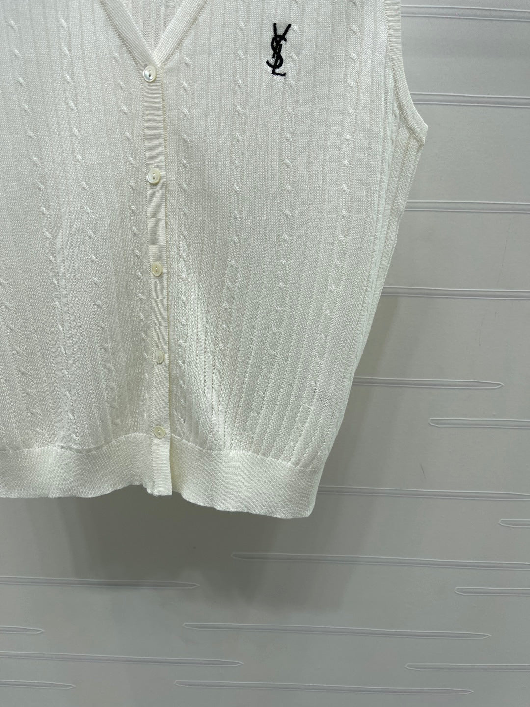 YSL Collared Knit Vest White Spun Silk Linen 397453