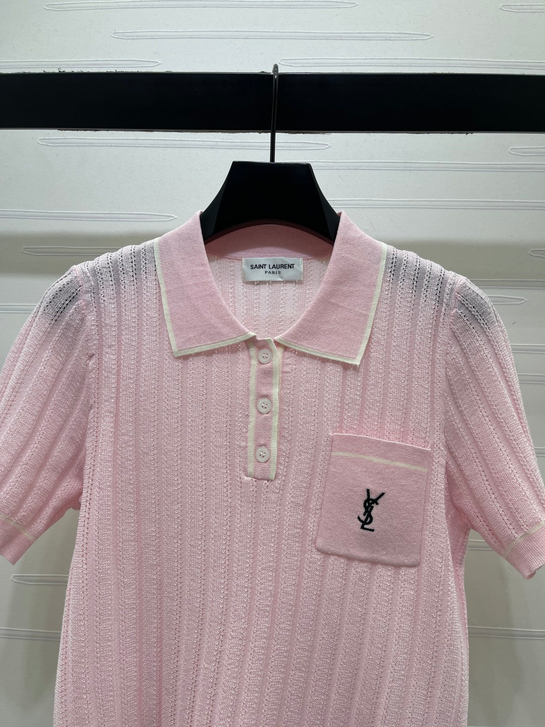 YSL 26s Knit Short-Sleeved Top Light Pink Silk Linen 401586