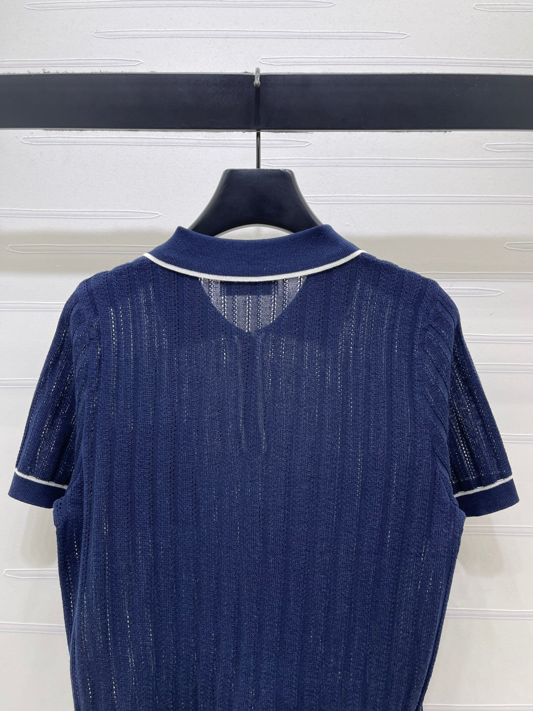 YSL 26s Knit Short-Sleeved Top Navy Blue Silk Linen 401585