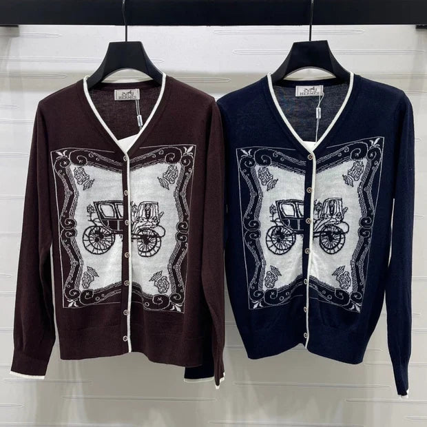 Hermes 2026 V-neck Printed Knit Long-sleeved Cardigan Wool 417078