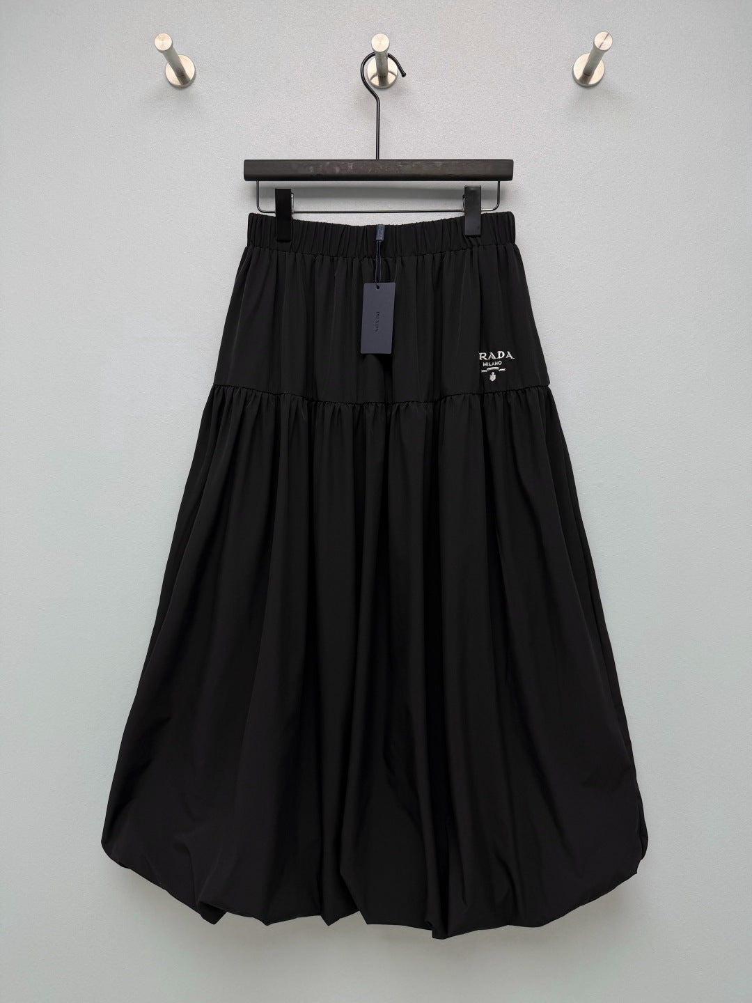 Prada 26s Elastic Waist Layered Tulip Skirt Black Cotton Polyester 411637