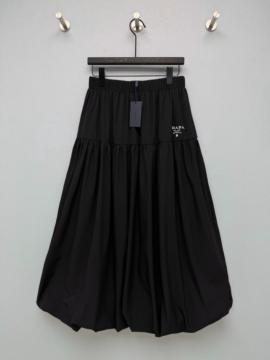 Prada 26s Elastic Waist Layered Tulip Skirt Black Cotton Polyester 411637
