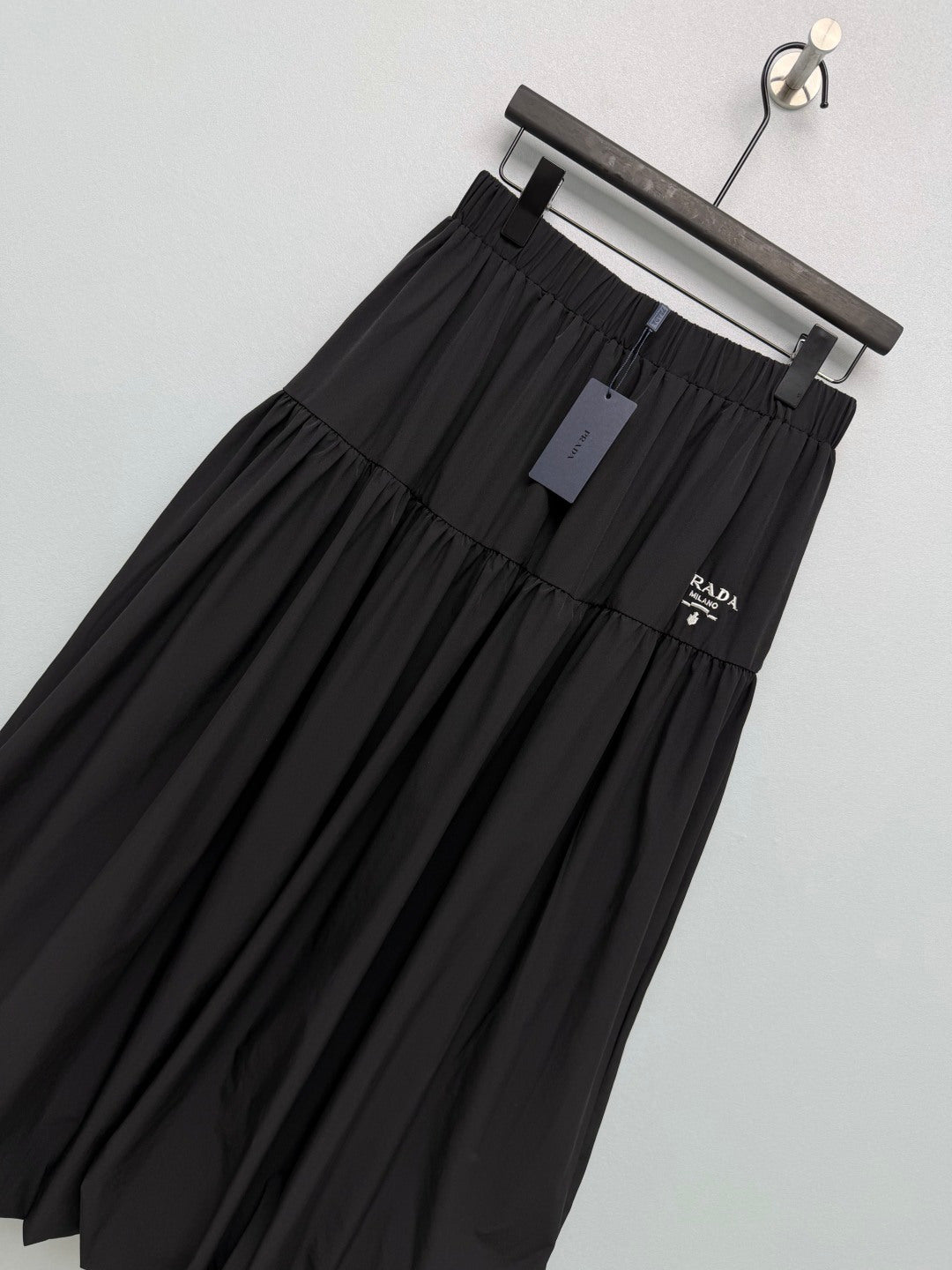 Prada 26s Elastic Waist Layered Tulip Skirt Black Cotton Polyester 411637