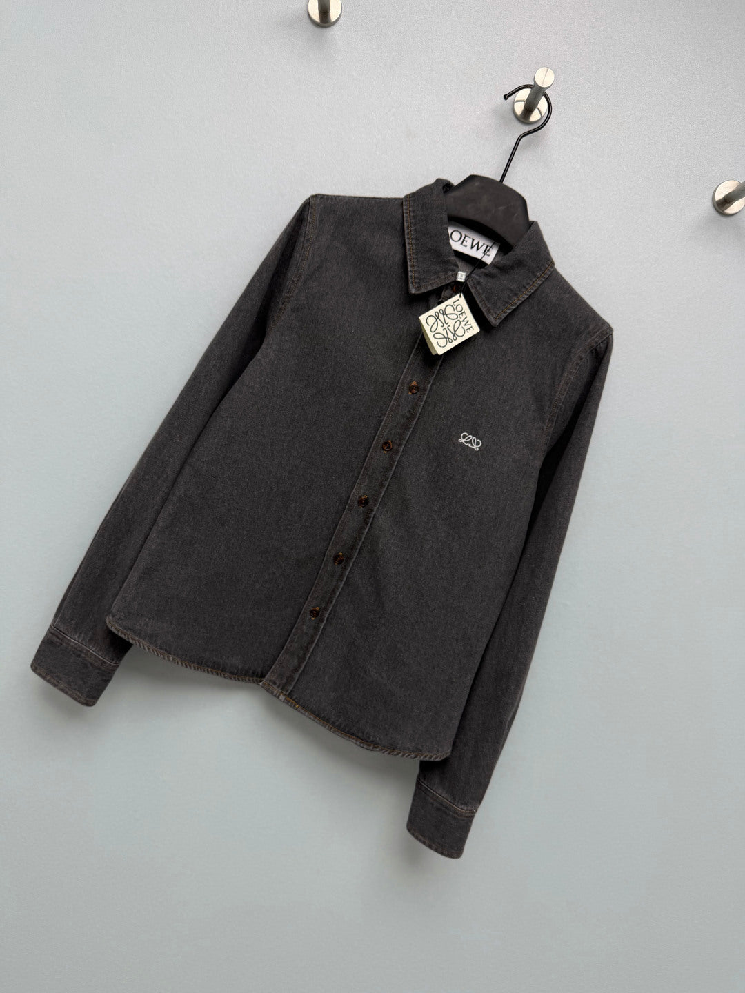 Loewe 26s Embroidered Denim Long-Sleeve Shirt Grey 411621