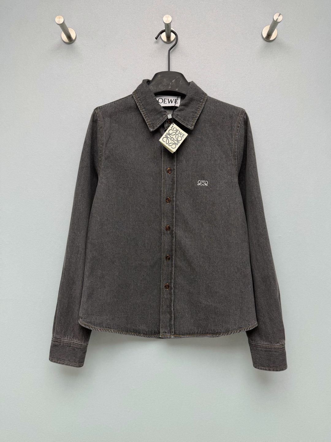 Loewe 26s Embroidered Denim Long-Sleeve Shirt Grey 411621