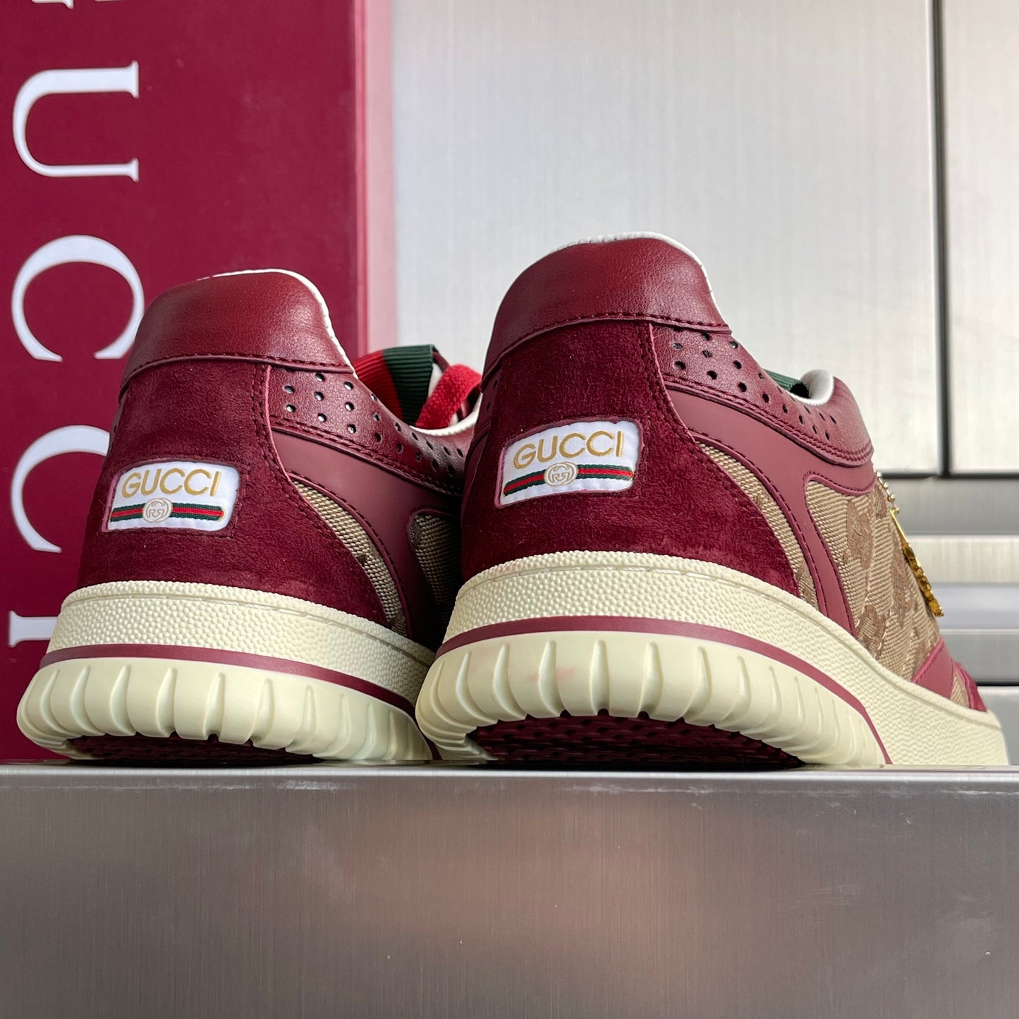 GG Women's Re-Web Trainers Beige Burgundy Cowhide Canvas 609258