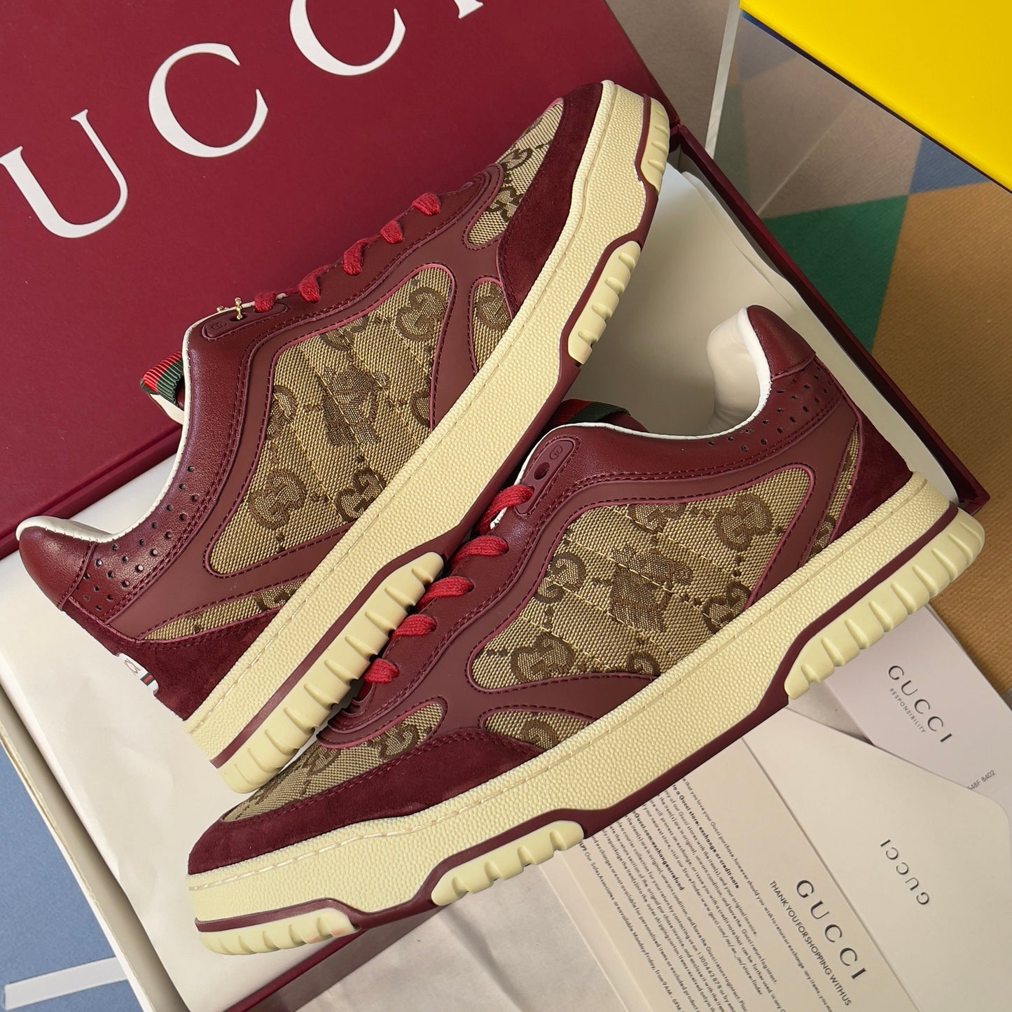 GG Women's Re-Web Trainers Beige Burgundy Cowhide Canvas 609258