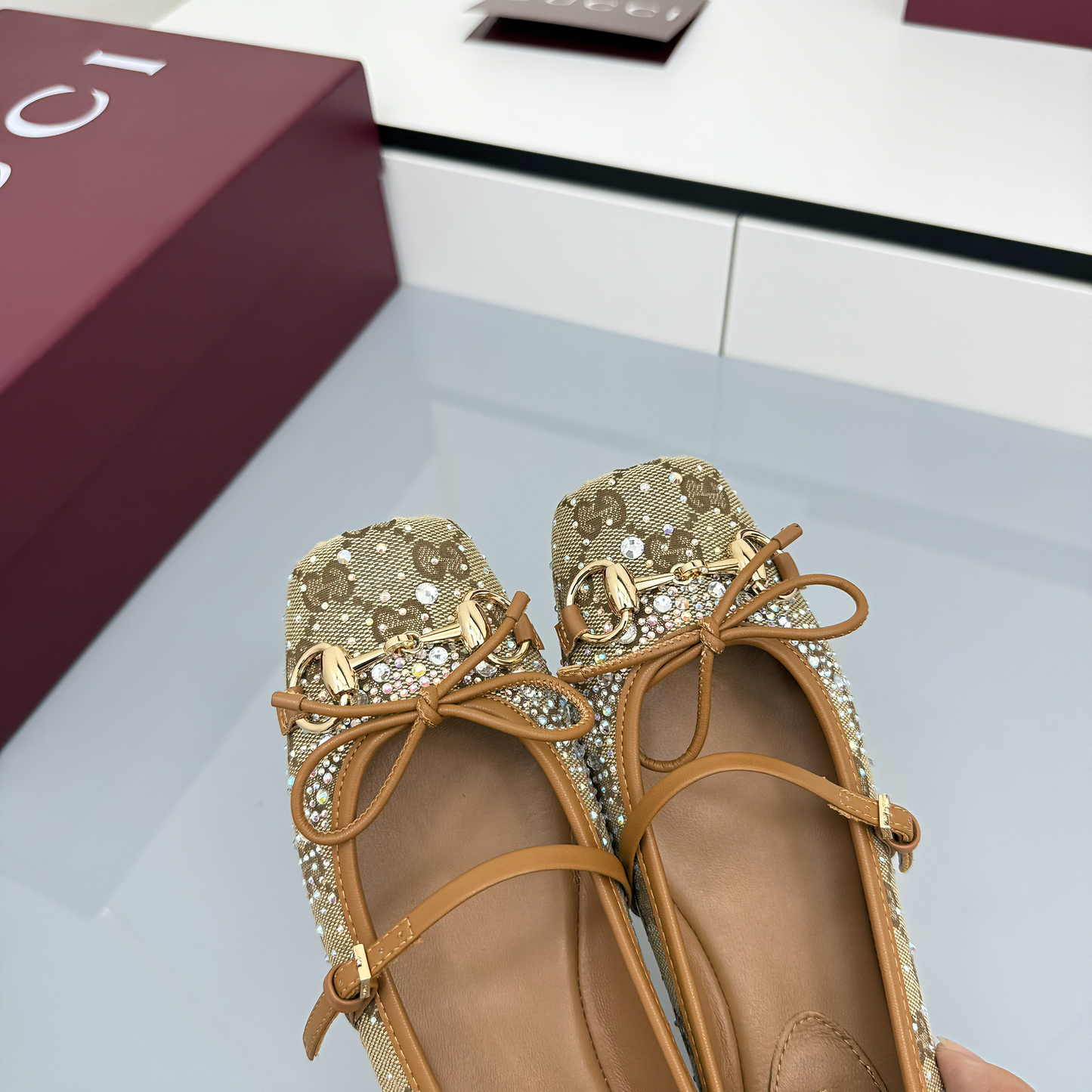 GG Women's Crystal Horsebit Ballet Flat Beige and Dark Brown Canvas 511209