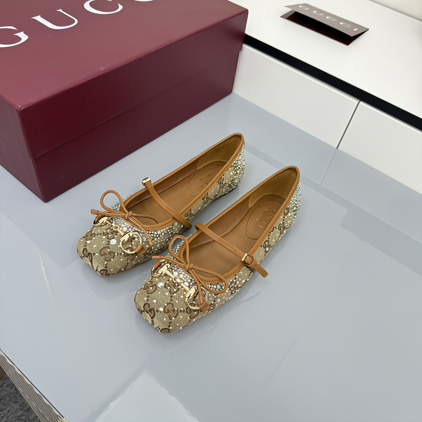 GG Women's Crystal Horsebit Ballet Flat Beige and Dark Brown Canvas 511209