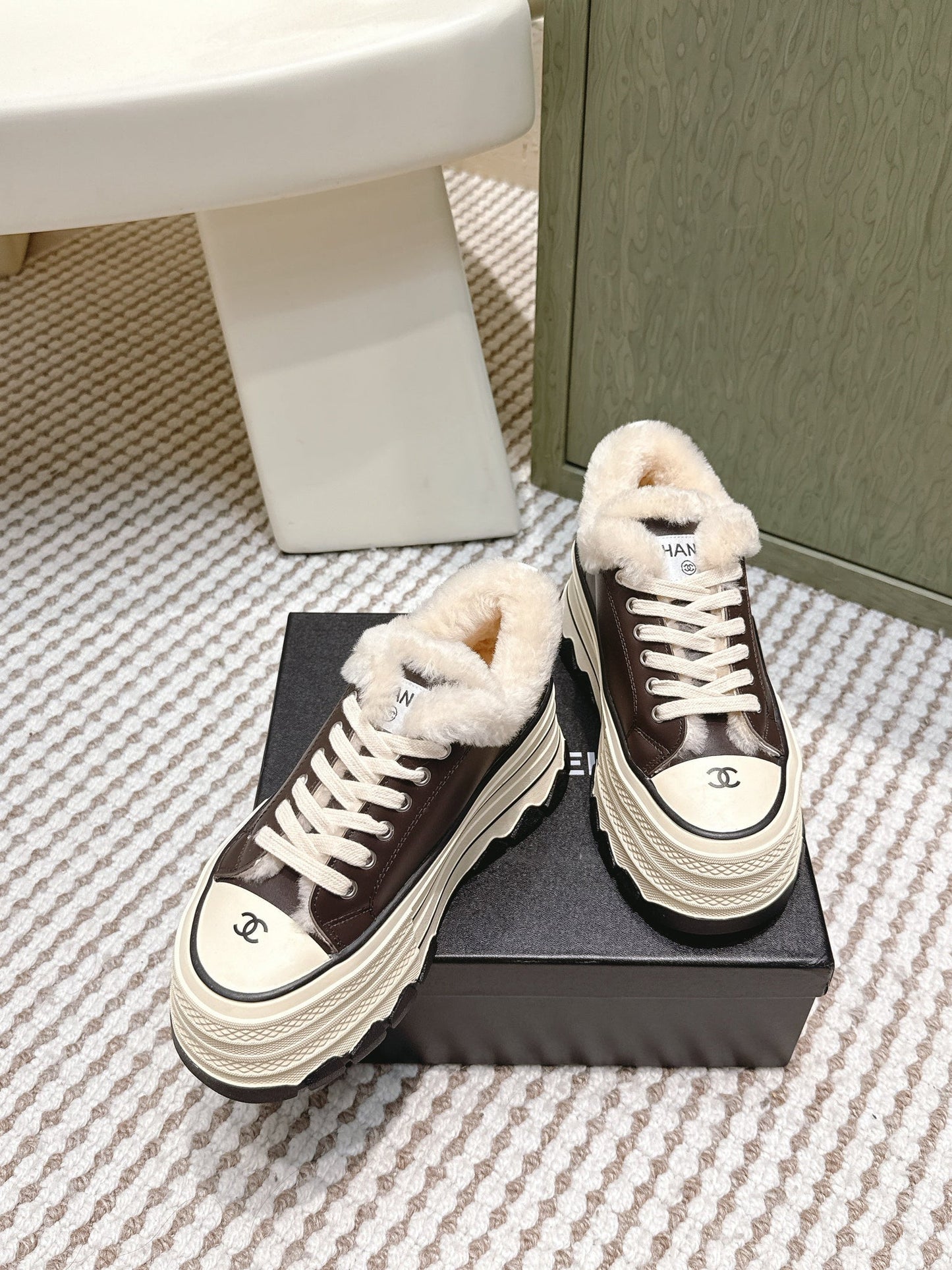 Chanel 26s Thick-Sole Sneakers 60mm In Dark Brown And Beige Calfskin With Fur Lining