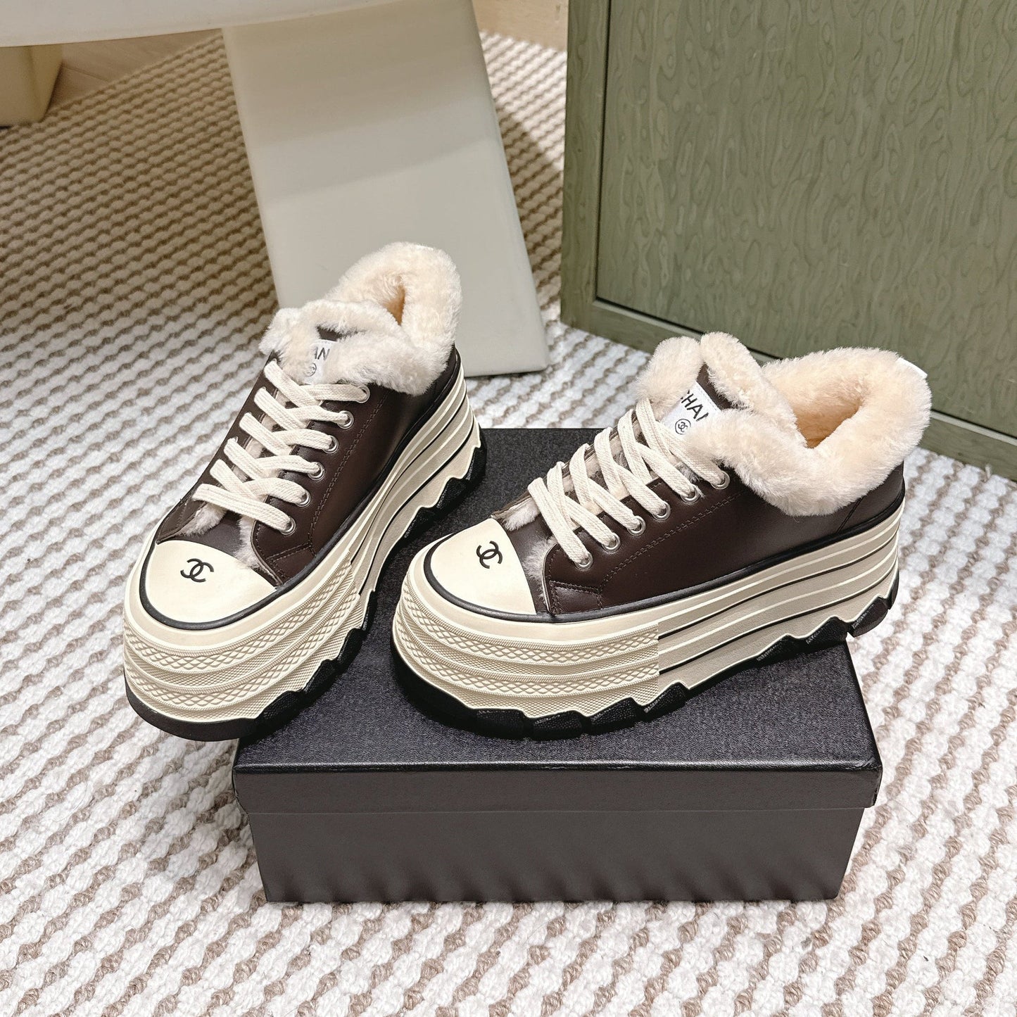Chanel 26s Thick-Sole Sneakers 60mm In Dark Brown And Beige Calfskin With Fur Lining