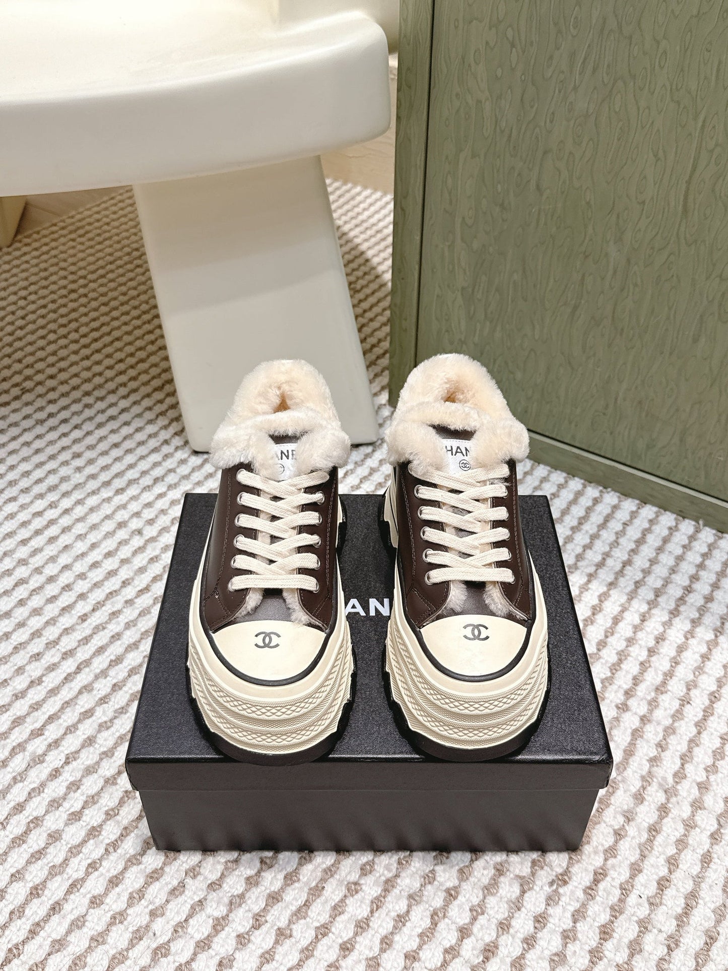 Chanel 26s Thick-Sole Sneakers 60mm In Dark Brown And Beige Calfskin With Fur Lining