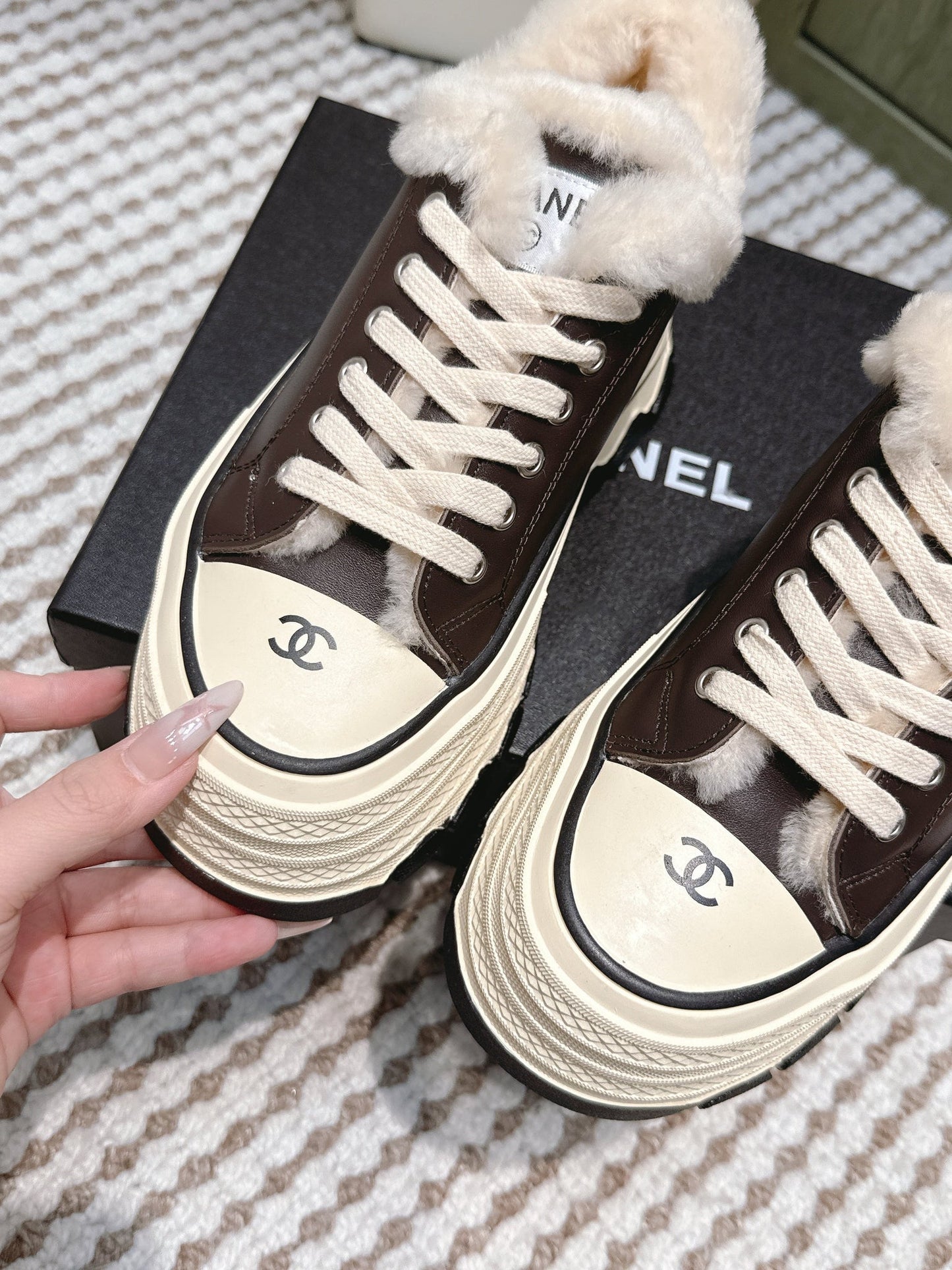 Chanel 26s Thick-Sole Sneakers 60mm In Dark Brown And Beige Calfskin With Fur Lining