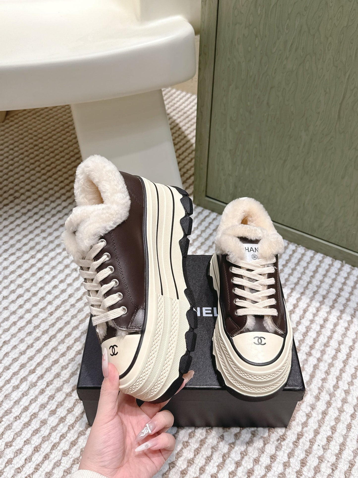 Chanel 26s Thick-Sole Sneakers 60mm In Dark Brown And Beige Calfskin With Fur Lining