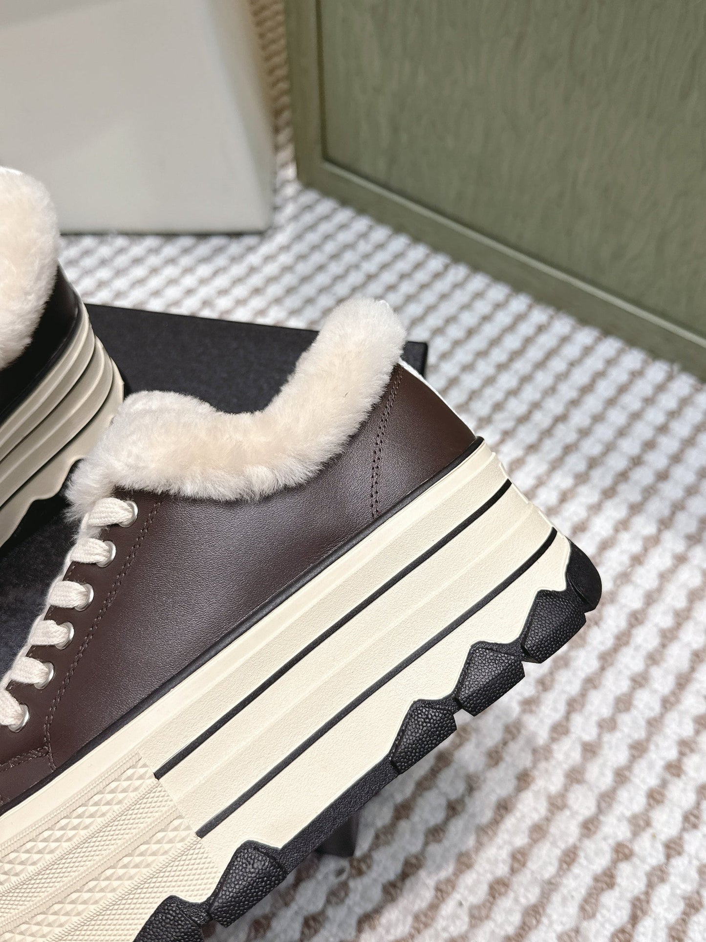 Chanel 26s Thick-Sole Sneakers 60mm In Dark Brown And Beige Calfskin With Fur Lining
