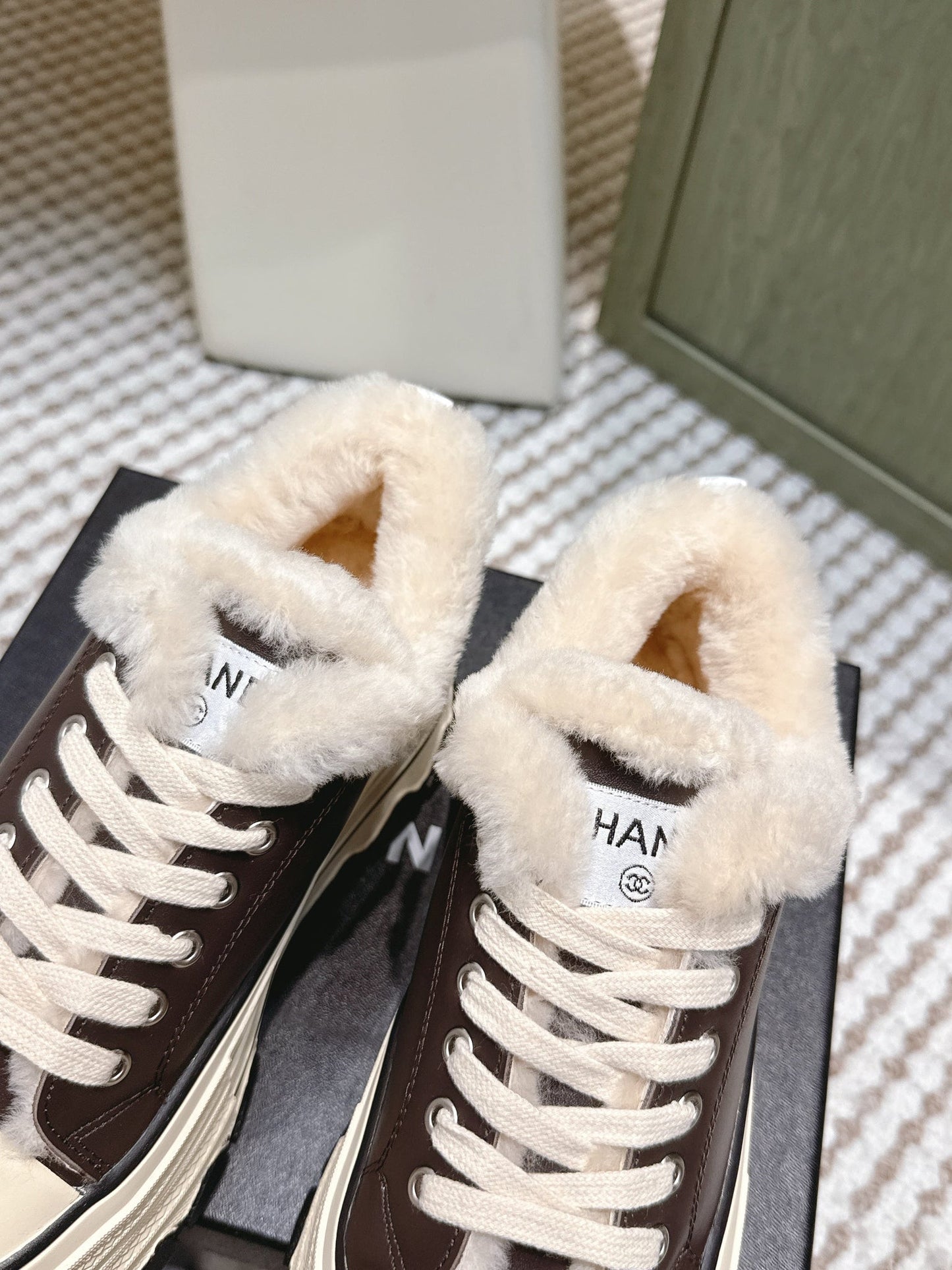 Chanel 26s Thick-Sole Sneakers 60mm In Dark Brown And Beige Calfskin With Fur Lining