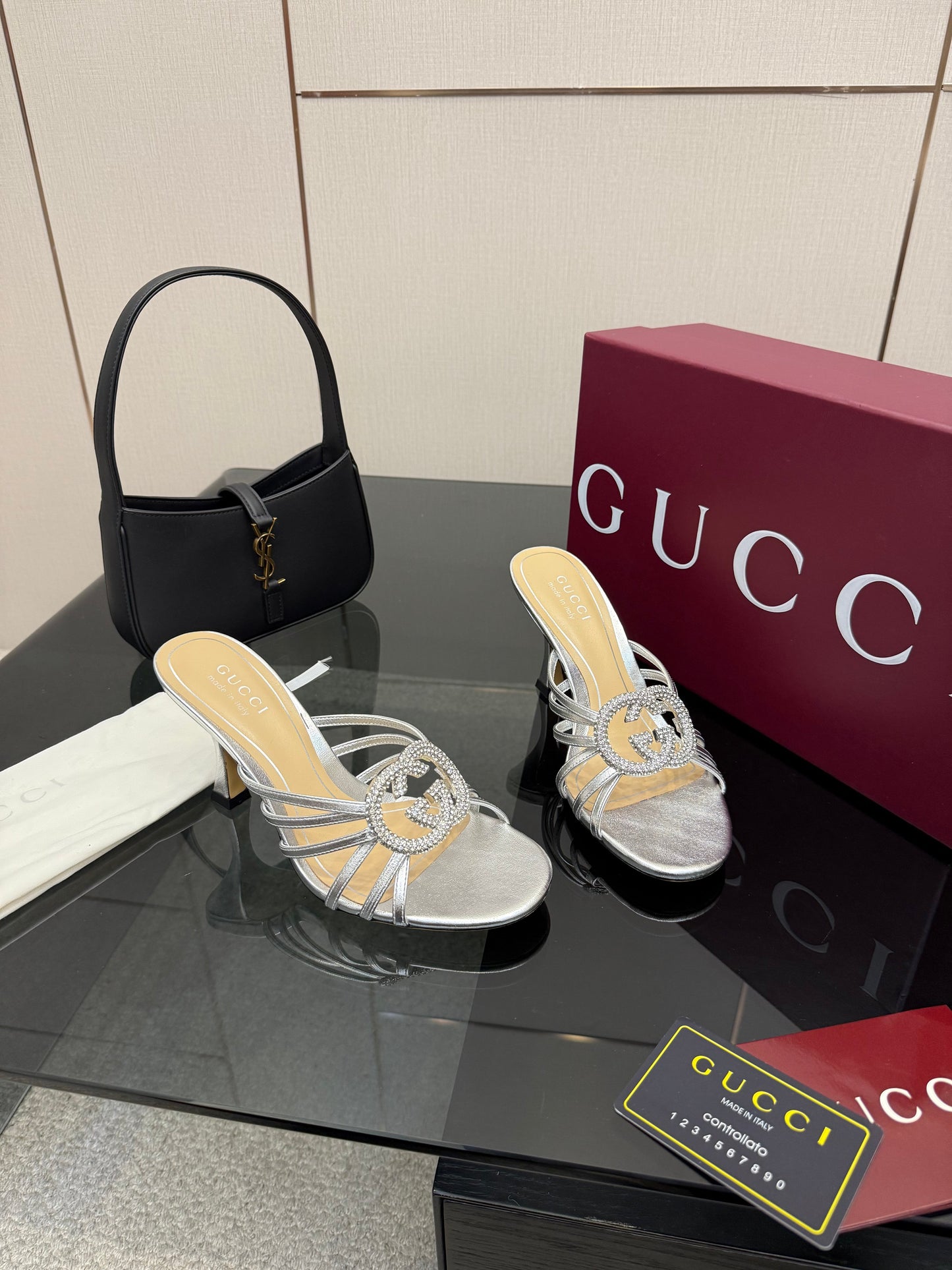 Women's Slide 85mm With Crystal Interlocking G Sliver Leather