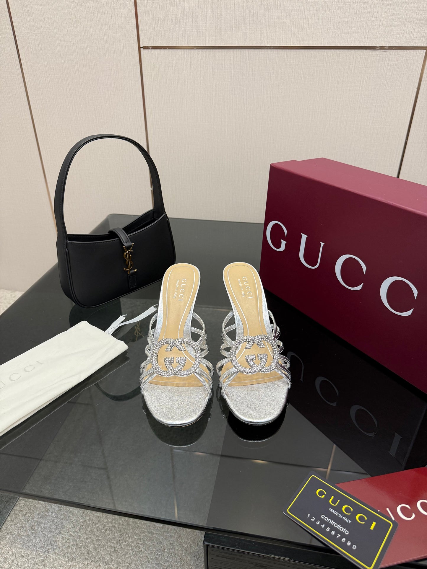 Women's Slide 85mm With Crystal Interlocking G Sliver Leather
