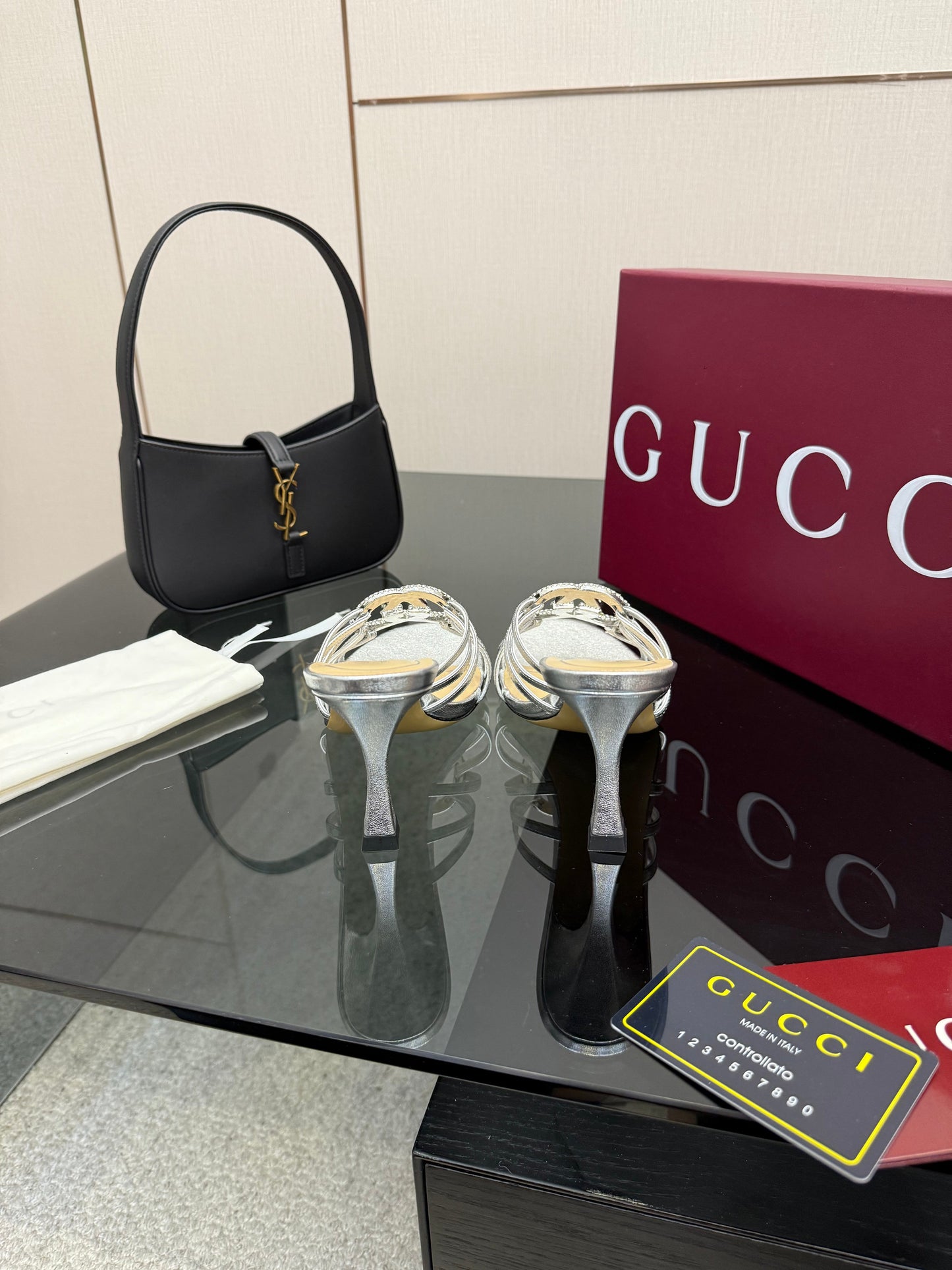 Women's Slide 85mm With Crystal Interlocking G Sliver Leather