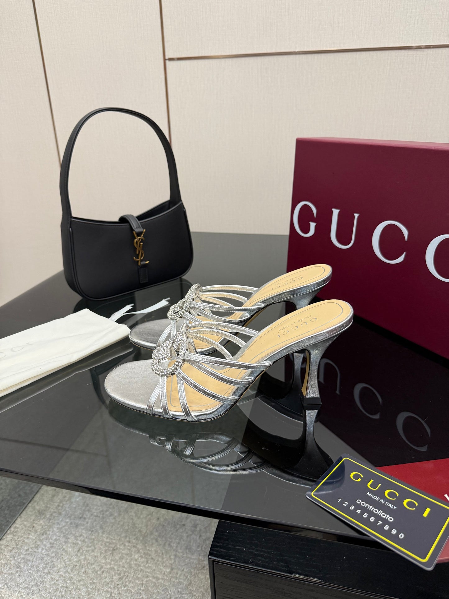 Women's Slide 85mm With Crystal Interlocking G Sliver Leather