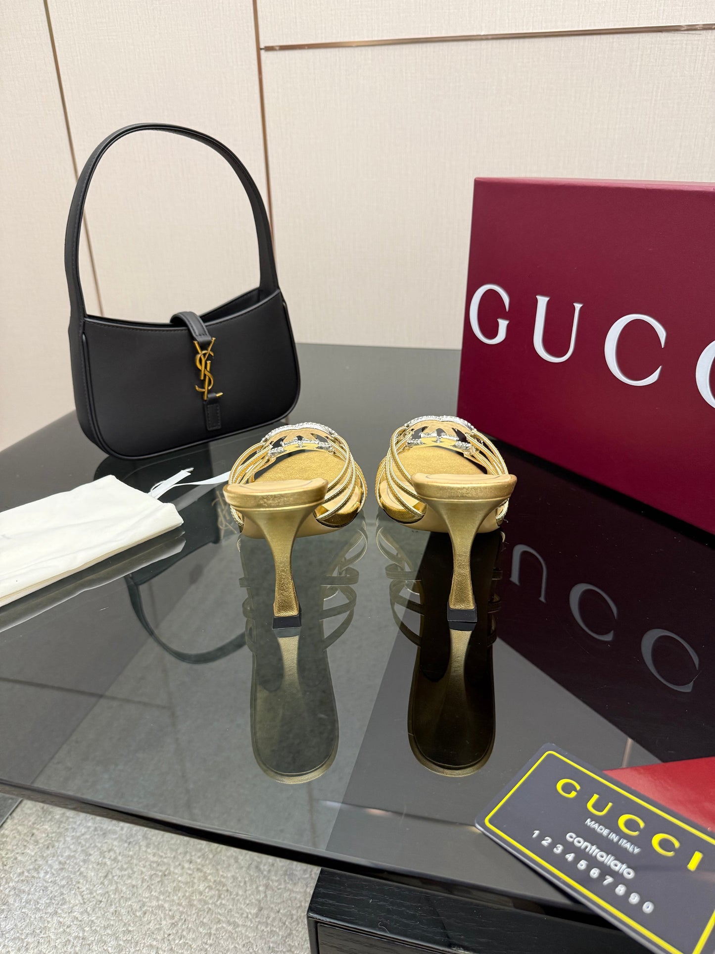 Women's Slide 85mm With Crystal Interlocking G Gold Leather