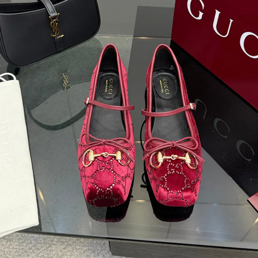 Gucci 2026 Crystal Rhinestone Ballet Flat Red Velvet Leather 629716
