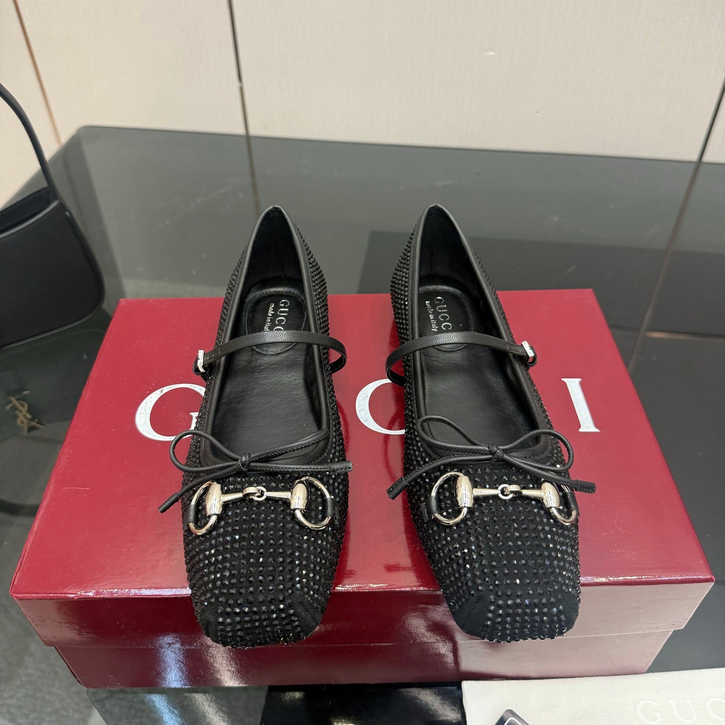 GG Ballerina Flats Square Toe Black Leather 725284
