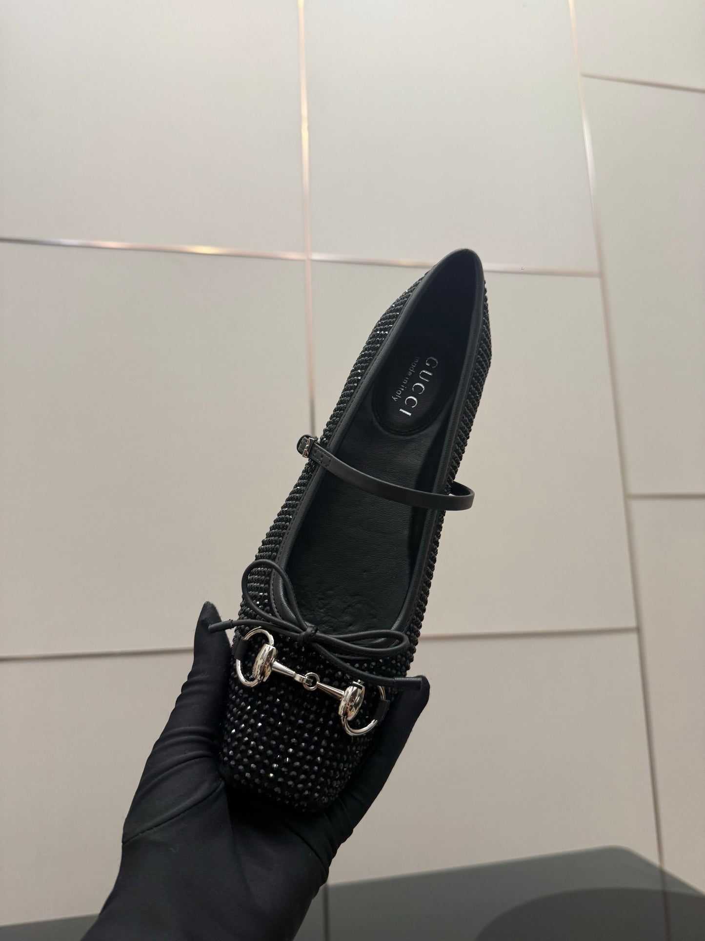 GG Ballerina Flats Square Toe Black Leather 725284