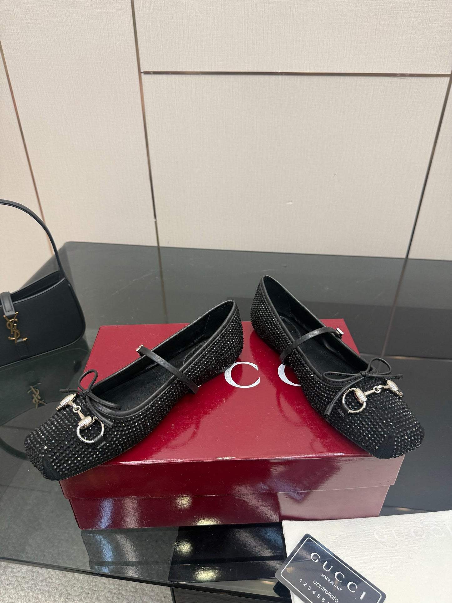 GG Ballerina Flats Square Toe Black Leather 725284