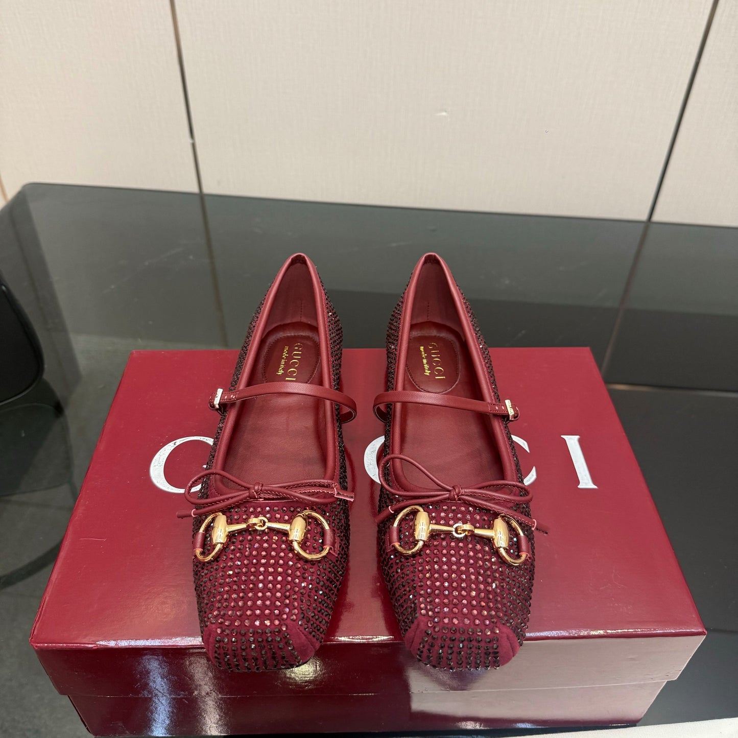 GG Ballerina Flats Square Toe Burgundy Leather 725285