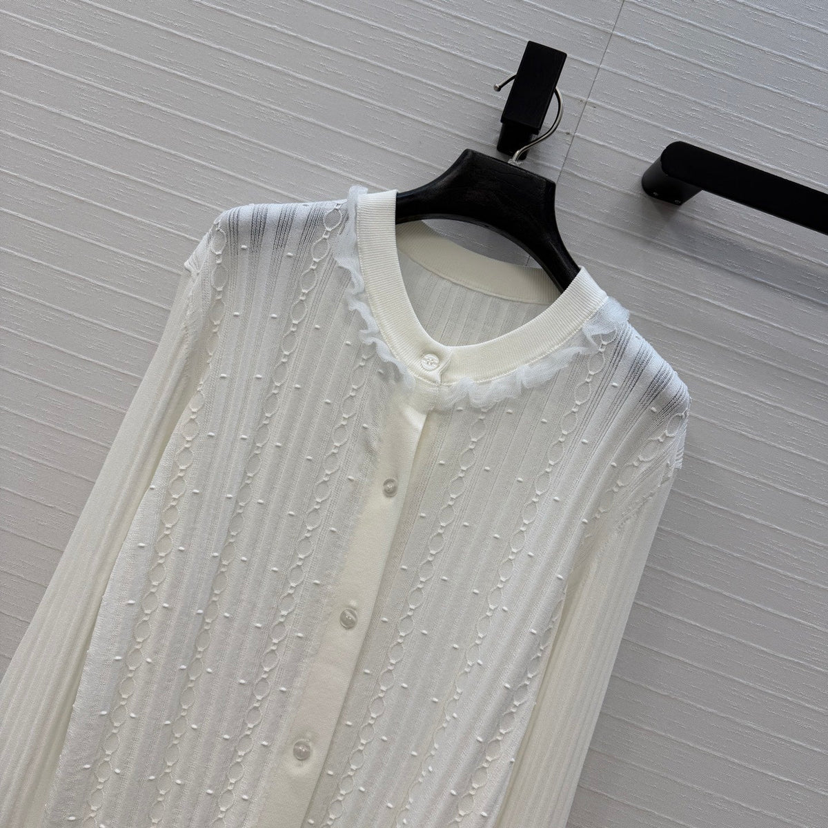 HM Long-Sleeve Sweater With Ruffled Details White Modal Nylon