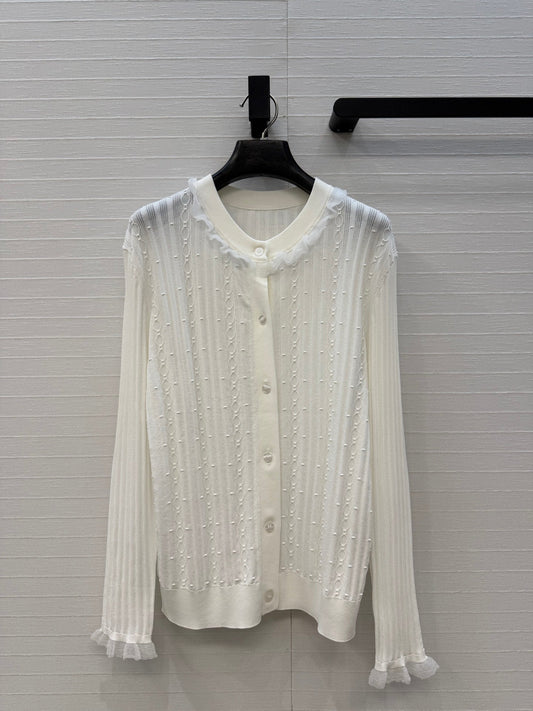 HM Long-Sleeve Sweater With Ruffled Details White Modal Nylon