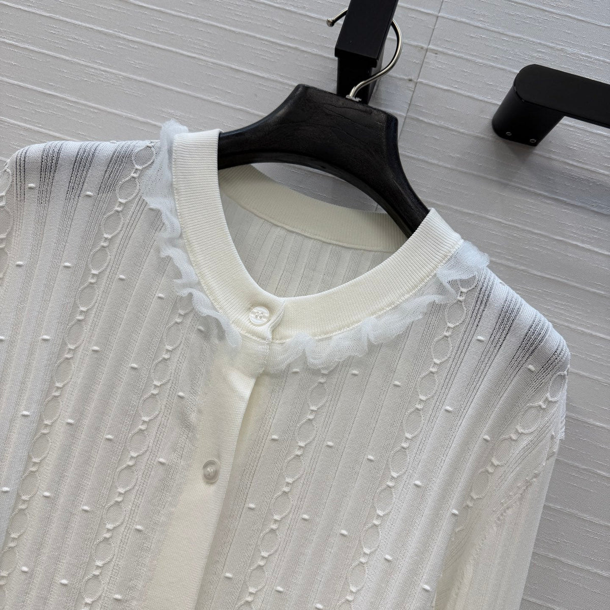 HM Long-Sleeve Sweater With Ruffled Details White Modal Nylon