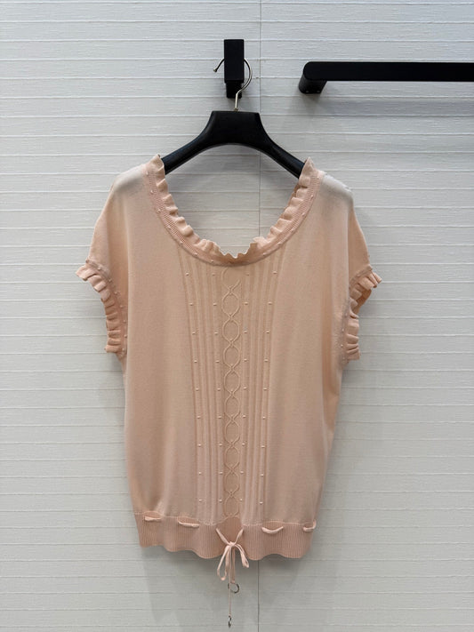 HM Short-Sleeve Sweater With Ruffled Details Beige Modal Nylon