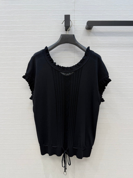 HM Short-Sleeve Sweater With Ruffled Details Black Modal Nylon