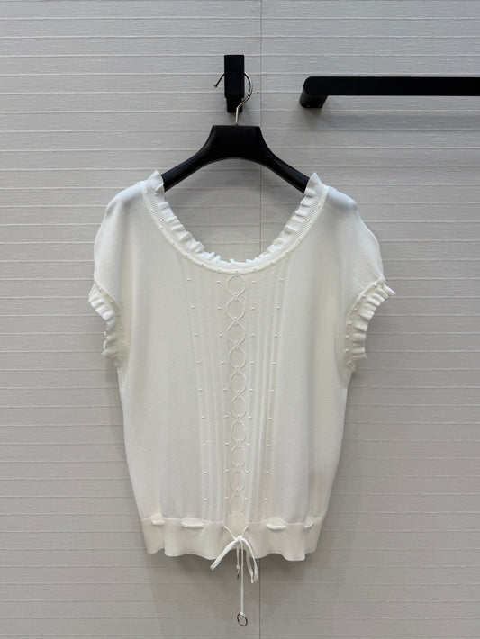 HM Short-Sleeve Sweater With Ruffled Details White Modal Nylon