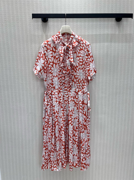 Prada 26s Floral Tieneck Midi Shirtdress Orange White Viscose Acetate 397684