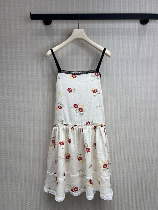 Prada 26s Embroidered Linen Mini-Dress With Floral Motif 400597