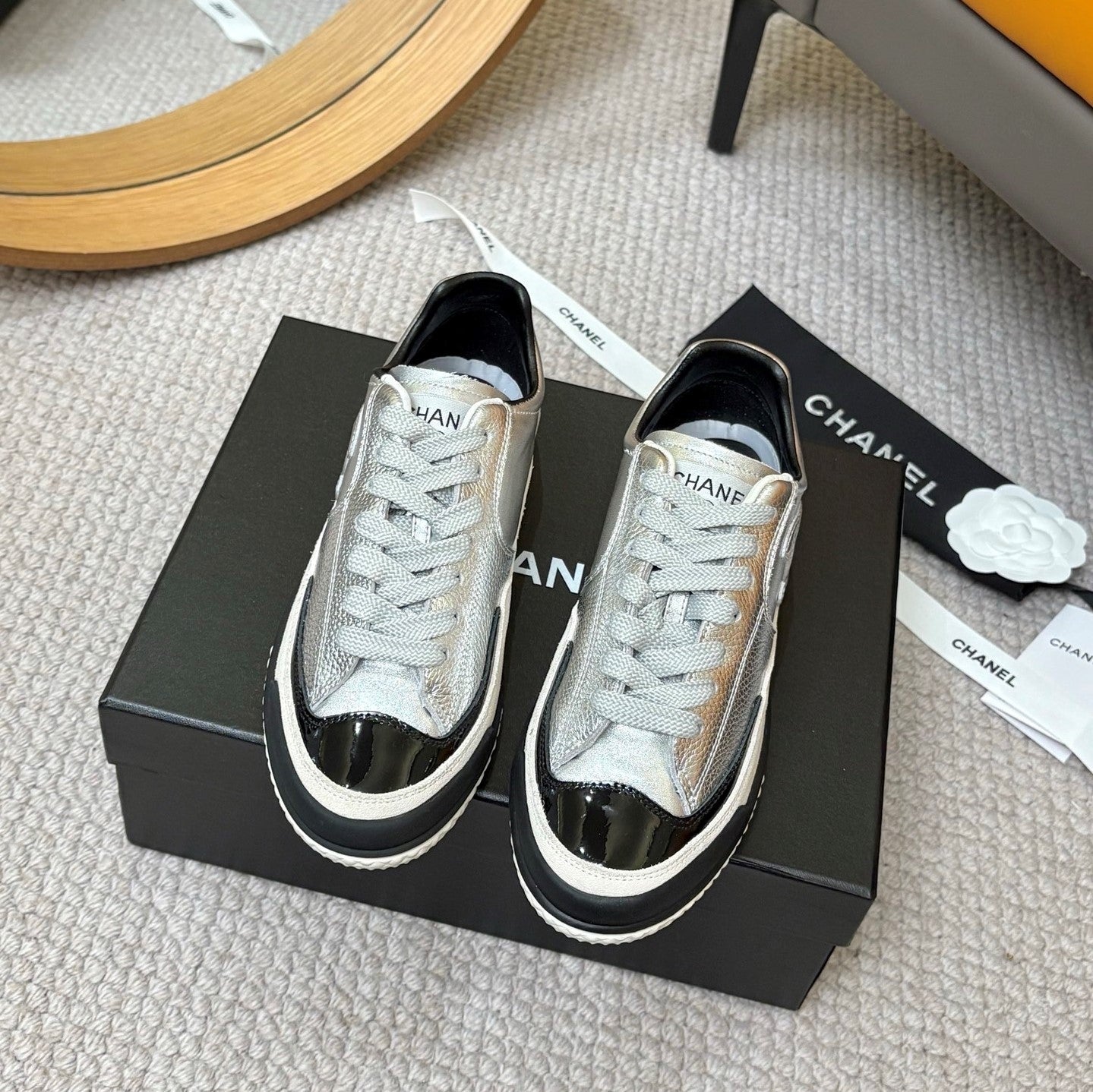 CC 25C Casual Sneakers Sliver Black Cowhide Suede Patent Leather 528155